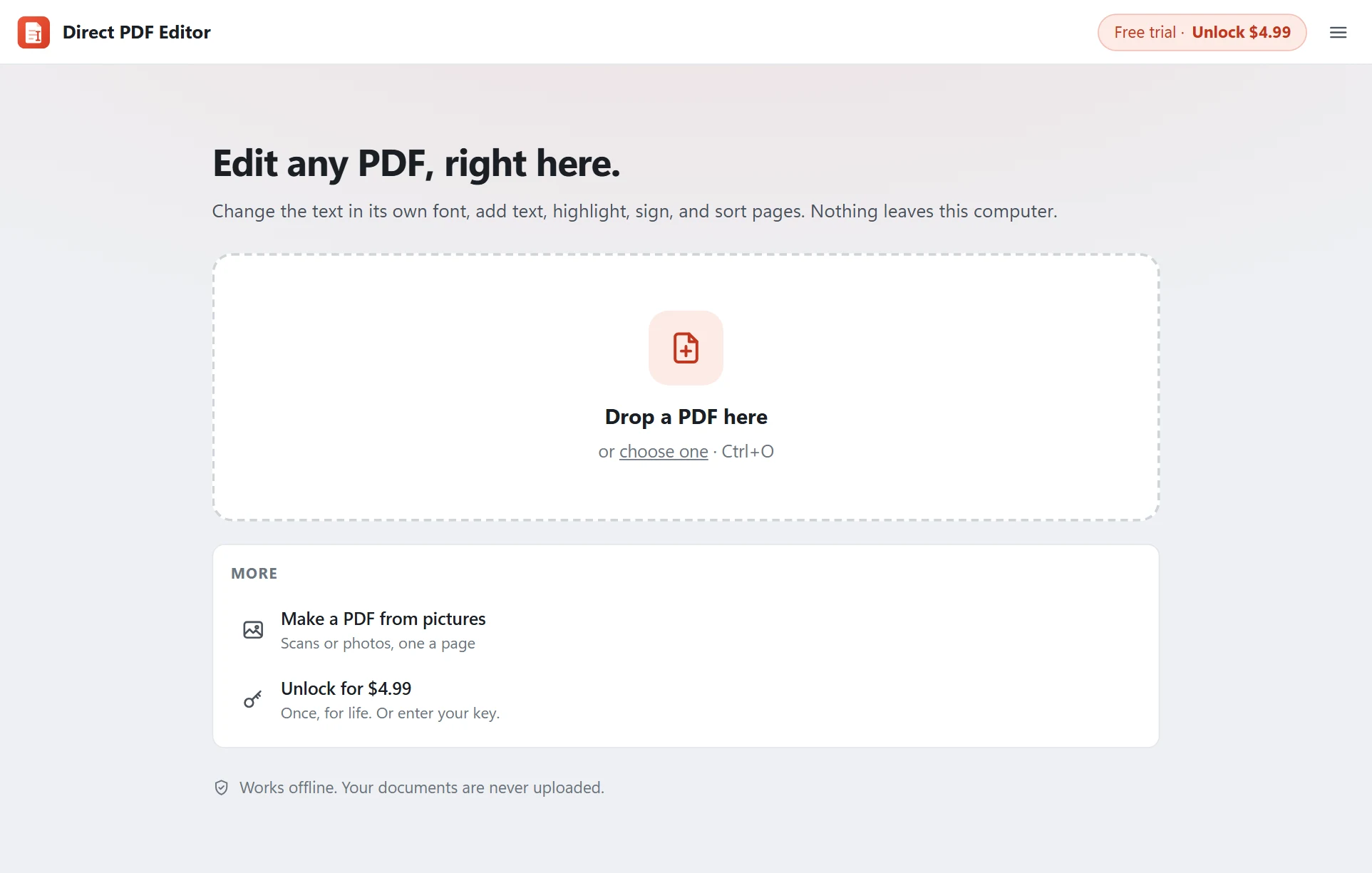 Direct PDF Editor's start window: drop a PDF here, recent files, and Make a PDF from pictures