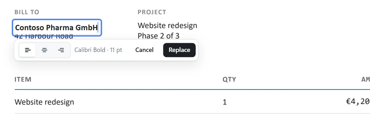 The name in an invoice being edited in its own font, with buttons to keep the left, middle or right edge