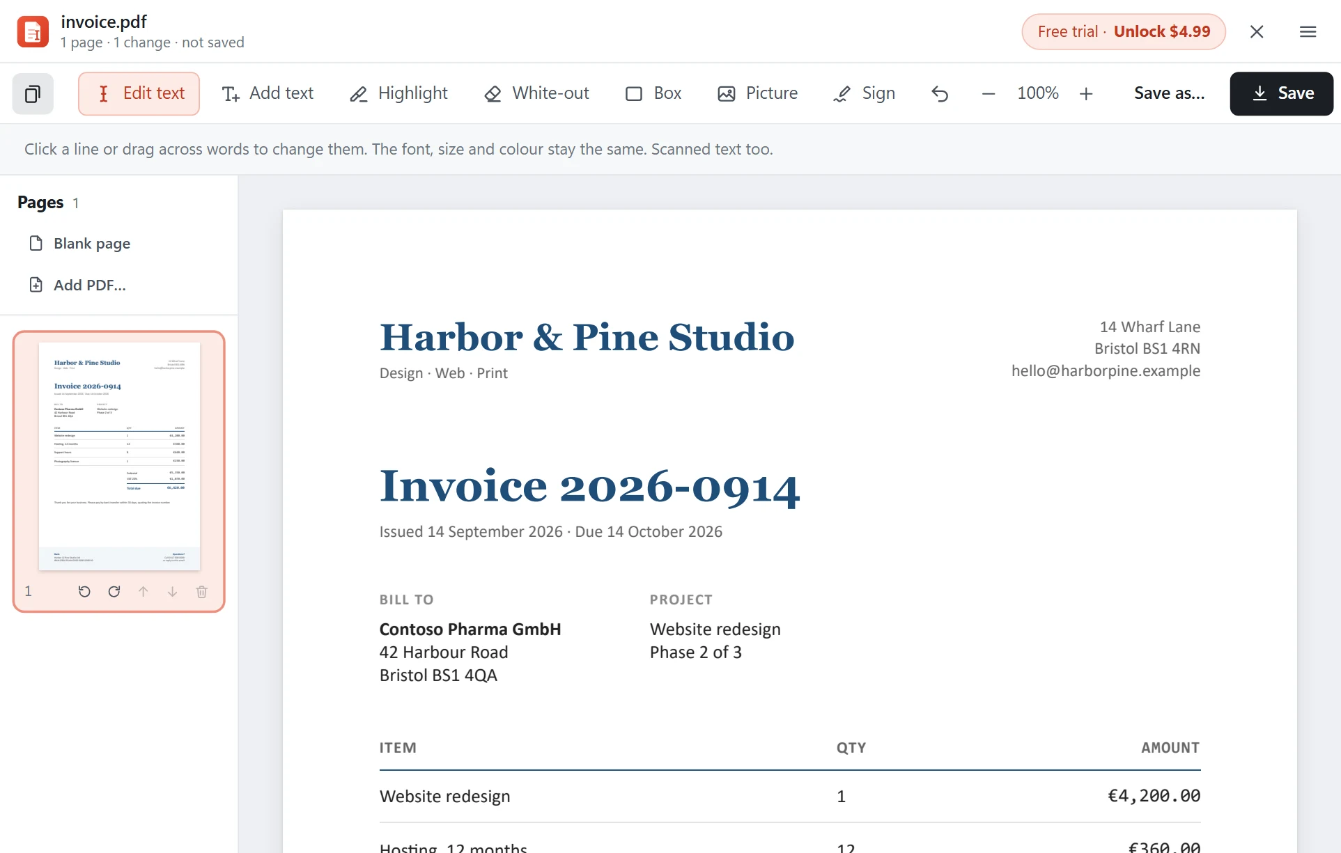 Direct PDF Editor on Windows with an invoice open, the Pages panel on the left and the tools along the top