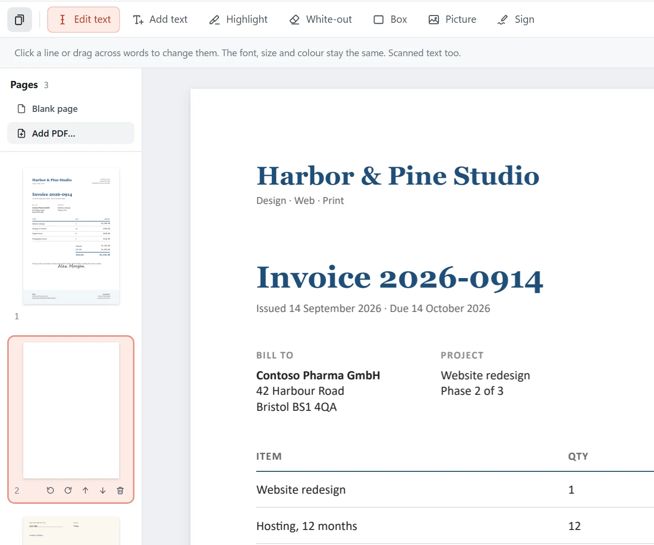The Pages panel beside an invoice, with a blank page and a scanned form added after it