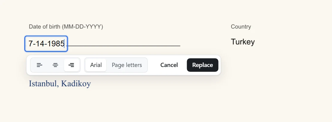 A scanned form: the date 6-23-1990 read from the picture and being changed to 7-14-1985, with a choice between Arial and Page letters