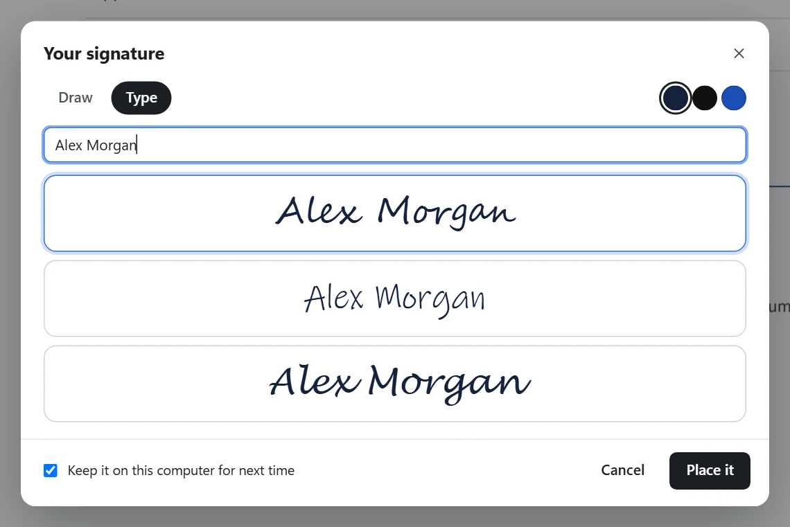 The signature window with Draw and Type tabs, a typed name in a handwriting style and ink colours