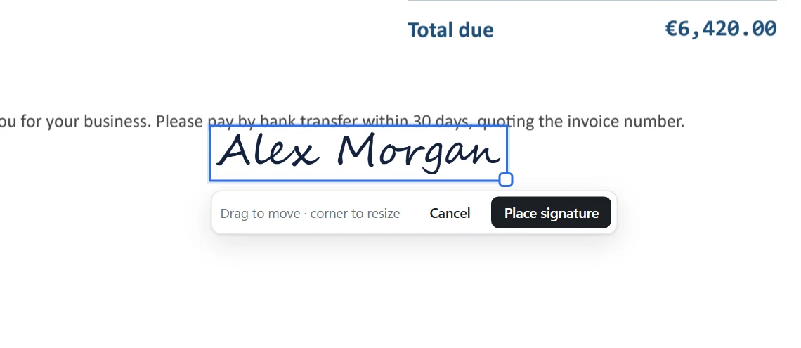 A signature on a PDF page being moved into place, with Place signature and Cancel buttons
